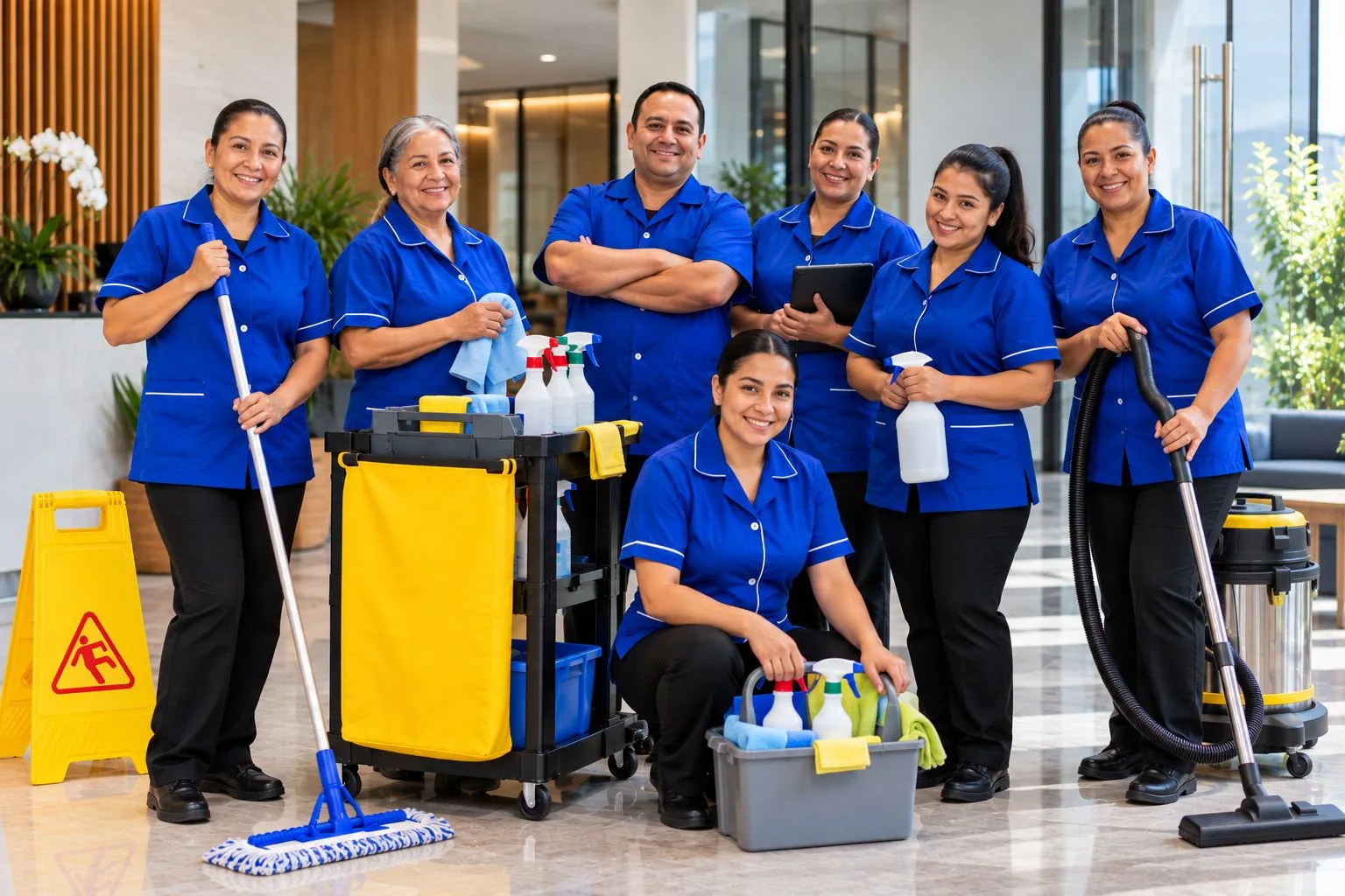 Equipo de Turbolimpio con uniformes e insumos de limpieza en una oficina.